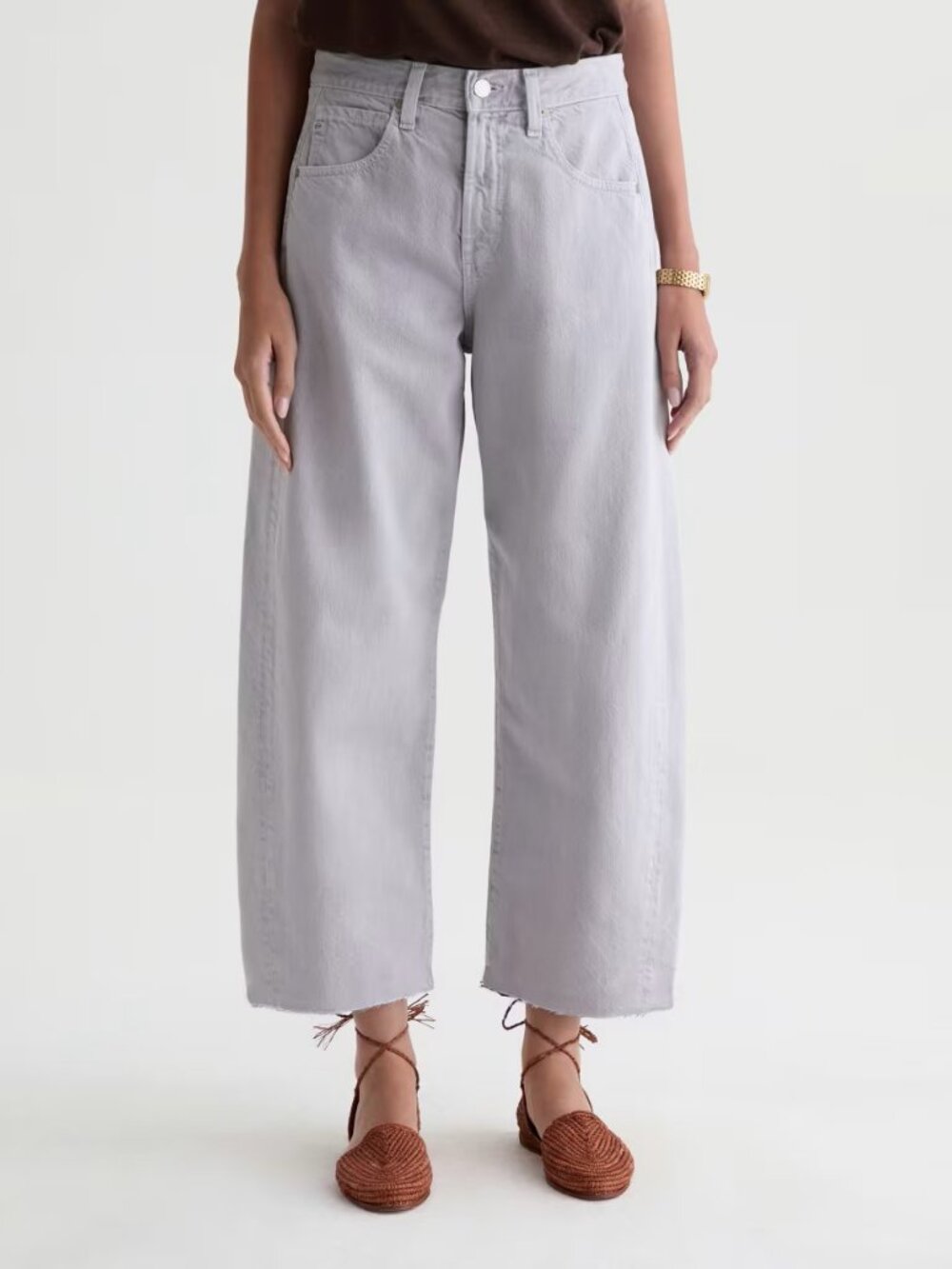 Ag Adriano Goldschmied Gray Cropped Wide-Leg Jeans with Frayed Hem Size 29